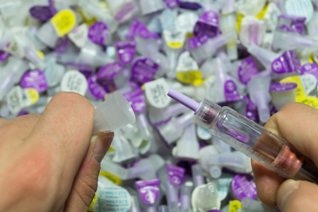 Diabetes insulin syringe with needle closeupの写真素材