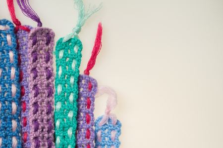 Handmade knitting wool texture background closeup needleworkの写真素材