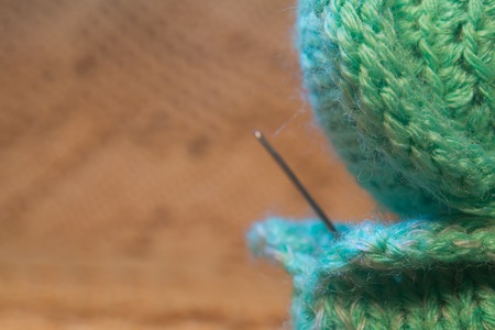 Handmade knitting wool texture background closeup needleworkの写真素材