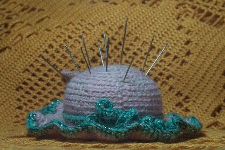 Handmade knitting wool texture background closeup needleworkの写真素材