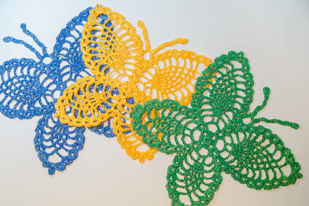 Handmade knitting wool texture background closeup needleworkの写真素材