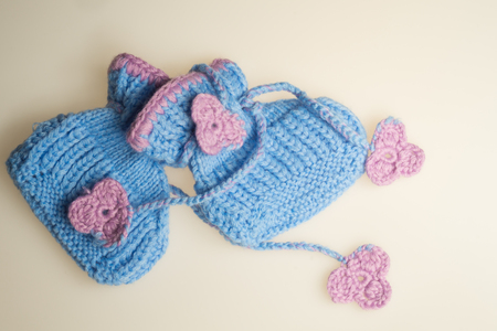 Handmade knitting wool texture background closeup needleworkの写真素材