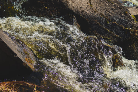Waterfall nature background. rushing stream water. rocky flowing river