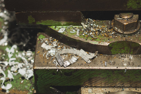 Old lathe. detail of rusty machine. vintage metalworking process close up. abstract industrial...
