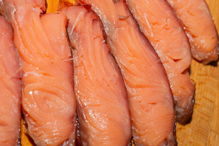 Red fish pieces. smoked salmon. seafood close up