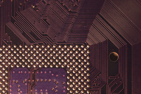 Processor pins macro. computer motherboard close up. cpu pins on a circuit board. micro elements of...