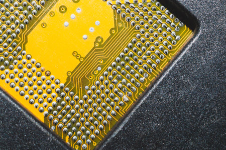 Processor pins macro. computer motherboard close up. cpu pins on a circuit board. micro elements of...