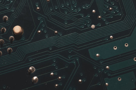 Dusty circuit board. computer motherboard close up. modern technologies. micro elements of computer...