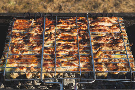 Grilled meat. barbeque on metal grille. picnic with bbq. outdoor cookingの写真素材