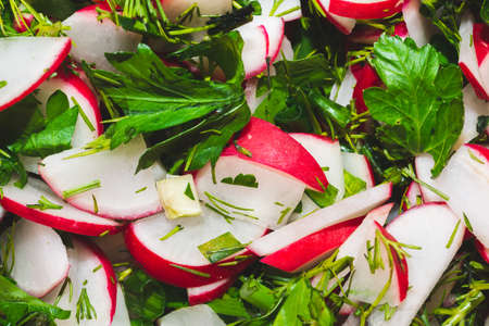 Spring salad with radish and greenery. vegetarian food. healthy eatingの写真素材