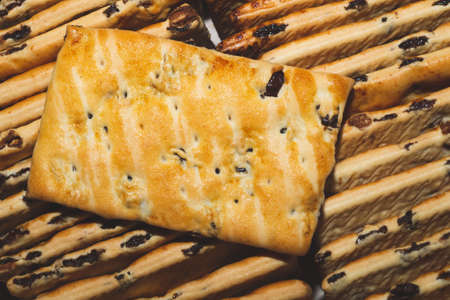 Cookies with raisins. rectangular biscuits close upの写真素材