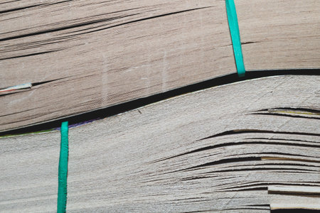 Book with soft cover. paperback close up. book edge macro. pages pulled together with an elastic...
