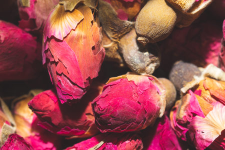 Dried rose buds close up. herbal tea ingredient
