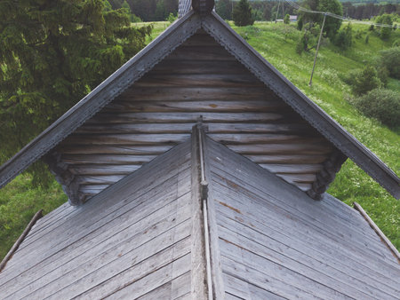 Roof of an old wooden house. view from above. traditional architecture