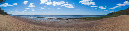 Sea shore. coastline panorama. seascape with horizon line. overgrown coast. sky with cloudsの写真素材
