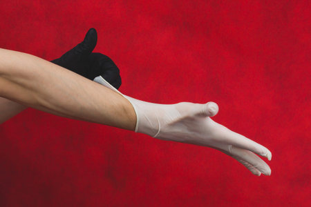 Hand in the black glove puts the white glove on the other. person puts on medical gloves on a red...