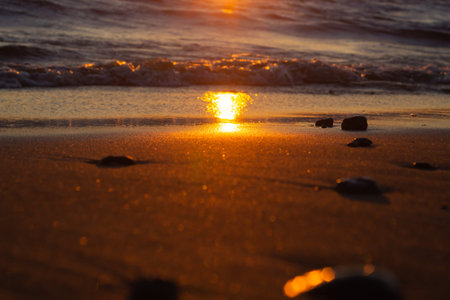 Wet sand on the beach at the evening. golden sunset over the sea