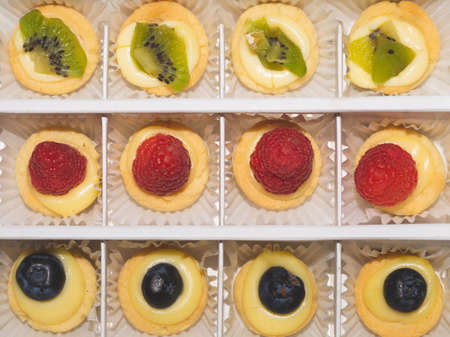 Mini cakes with berries and fruits close up. raspberry, blueberry and kiwi. delicious small tartsの写真素材