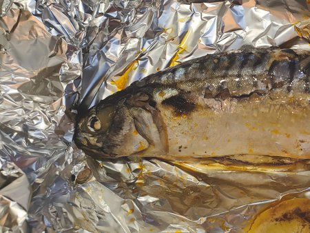 Sea fish baked in foil close up