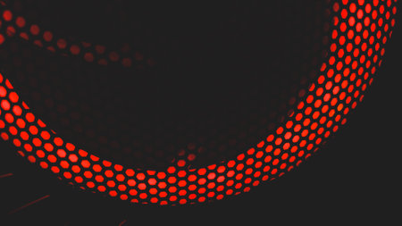 Modern abstract background with red lights. cooler of processor with color light luminous through the protective grid in the dark. futuristic designの写真素材