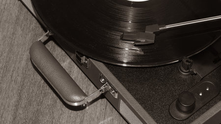Vinyl player playing a record close upの写真素材