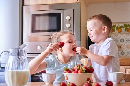 Two beautiful children in the kitchen eating strawberries and drinking milk.Children have fun.の写真素材