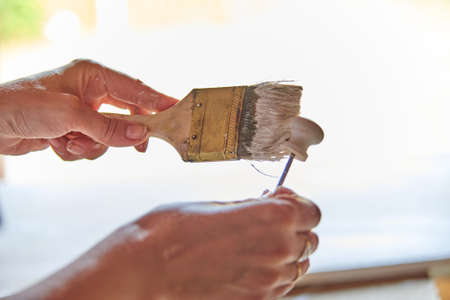 a womans hand with a paint brush.Painting blinds. Design, repair, construction, hobby with paint coatings. Working with a treeの写真素材
