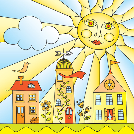 Child's Drawing of City under Sunのイラスト素材