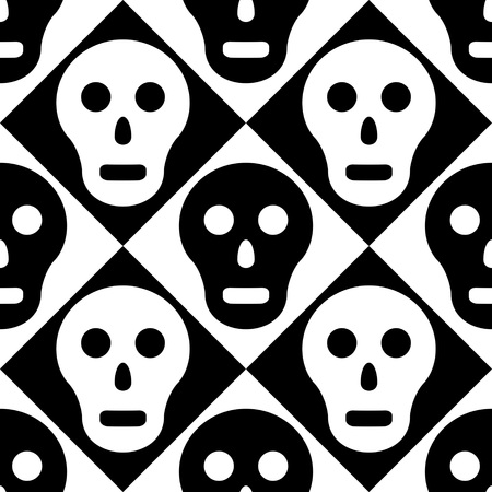Seamless Skull and Square Pattern. Abstract Black and White Background. Vector Regular Textureのイラスト素材