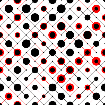 Seamless Circle and Line Pattern. Vector Black and Red Background. Regular Textureのイラスト素材