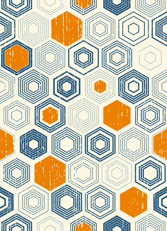 Seamless Chaotic Hexagon Pattern. Trendy Hipster Texture. Vector Modern Monochrome Background. Blue and Orange Geometric Print Designのイラスト素材