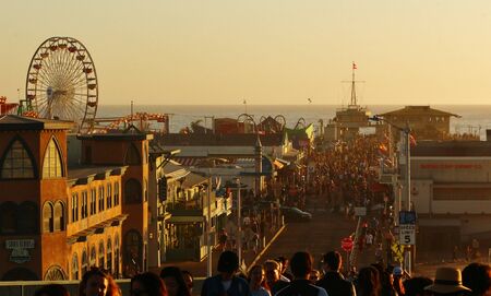 Crowded Santa Monica Pier. Photo taken from Colorado Ave from the bridge.の写真素材