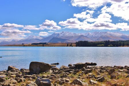 Beautiful Lake Pukaki in New Zealand with impressive mountains in the backgroundの写真素材