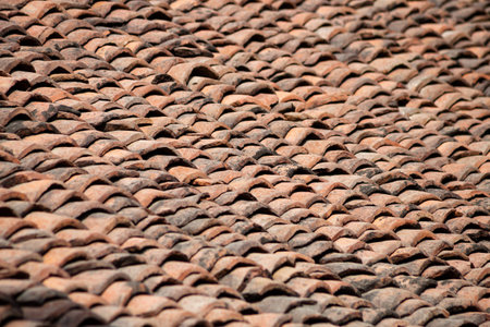 many old brown tiles on the roof of the home