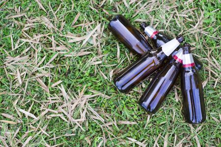 Glass bottles piled on the lawn, Focus on bottle, Environmental concept. Close-up.の写真素材