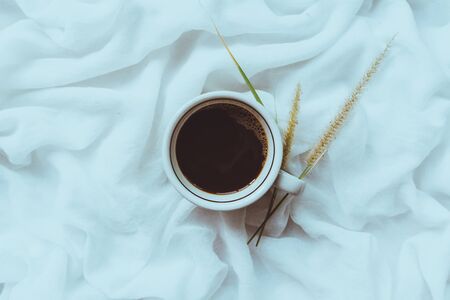 Coffee on the bed in the morning, Suitable for winter, Close-upの写真素材