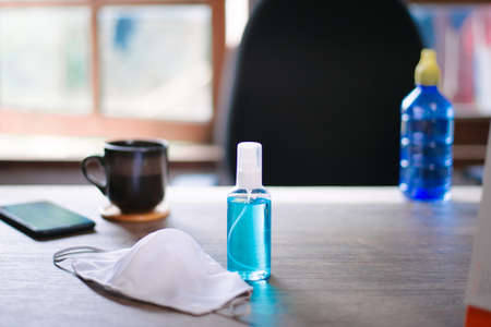 Self virus protection, Disinfectant on the desk, Close-up.の写真素材
