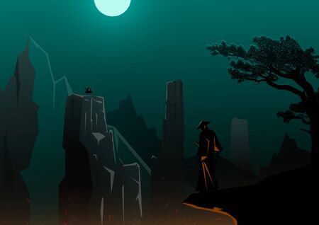 Warrior on the hilltop, Samurai on the mountain at night, Moon in dark sky, Vector design.のイラスト素材