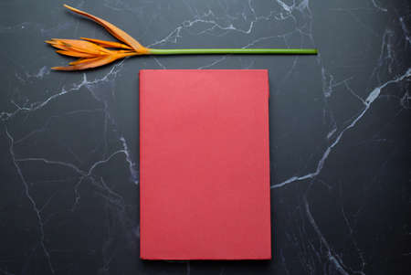 Orange flower and red book on  marble floorの写真素材