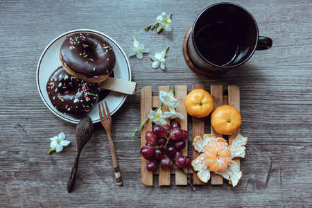 Rustic Breakfast, Breakfast and coffee are placed on the wooden table, Top view.の写真素材