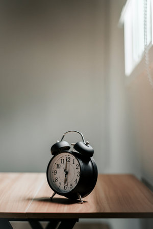 Alarm clock placed on table by the window, vertical image, copy area above, soft focus