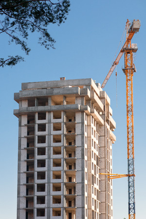 Process of building a house with cranes and trees. New Propertyの写真素材