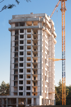 Process of building a house with cranes and trees. New Propertyの写真素材