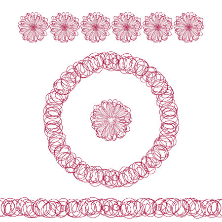 Endless Brush of Funny Cute Circle Bubbles. Circle Wreath and Flowers. Ink illustration. Geometric Pattern for Invitation Template. Hand Drawn Doodle Style Craft Backdrop. Colorful Illustrationのイラスト素材