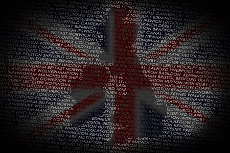 A map of the UK shaped into a text with the main cities from UK  Country isolated on a white text and a black background の写真素材