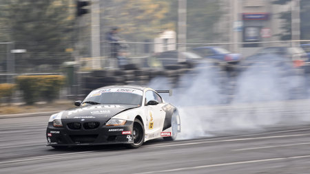Romania, Bucharest - October 21,2011: Drifting car at the Grand Prix of Romania