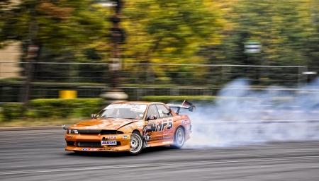 Romania, Bucharest - October 21,2011: Drifting car at the Grand Prix of Romaniaのeditorial素材