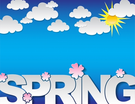 Spring concept background with the text 'spring' and many clouds on a blue backgroundのイラスト素材
