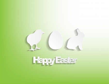 Happy Easter with a bunny, egg and a chicken sticker on a green background.のイラスト素材