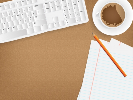 Desk concept with a blank paper, a cup of coffee and a keyboard.のイラスト素材